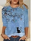 baratos T-Shirts de mulher-Mulheres Camiseta Gato Pássaro Imprimir Festa Final de semana Festival / feriado Manga Longa Decote Redondo Azul Primavera &amp; Outono