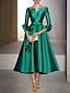 cheap Cocktail Dresses-A-Line Cocktail Dresses Elegant Dress Red Green Dress Wedding Guest Tea Length 3/4 Length Sleeve V Neck Satin with Bow(s) Appliques 2024