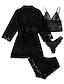 Недорогие Женские пижамы-женские кружевные атласные шелковые пижамные комплекты 4 шт. чистый цвет простые повседневные мягкие домашние повседневные кровати атласные дышащие v-образные шорты с длинным рукавом лето весна черный розовый