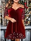cheap Plus Size Party Dresses-Women&#039;s Plus Size Velvet Dress Sequin Dress Lace Dress Velvet Sequins Patchwork Long Sleeve Mini Dress Christmas Wine Spring Winter