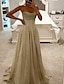 cheap Prom Dresses-A-Line Prom Dresses Glittering Dress Formal Evening Party Sweep / Brush Train Sleeveless Cowl Neck Tulle with Glitter Slit 2024