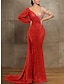 cheap Evening Dresses-Sequin Mermaid / Trumpet Evening Gown Champagne Gold Elegant Dress Formal Red Green Dress Court Train Long Sleeve Illusion Neck Sequined with Pleats 2024