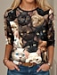 זול טישרטים לנשים-בגדי ריקוד נשים חולצה קצרה חתול 3D יומי סוף שבוע דפוס שחור שרוול ארוך אופנתי מצחיק צווארון עגול קיץ &amp; אביב