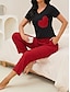abordables Pijamas para mujeres-Mujer Pijamas Conjuntos Corazón Cuadrícula / Cuadros Casual Confort Hogar Navidad Cama Rayón Transpirable Escote en V Manga Corta Camiseta Pantalón Bolsillo Otoño Invierno Negro Rojo