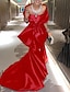 Χαμηλού Κόστους Βραδινά Φορέματα-Τρομπέτα / Γοργόνα Βραδινά φορέματα Κομψό Φόρεμα Επίσημο Ουρά μέτριου μήκους Μισό μανίκι Ώμοι Έξω Σατέν με Φιόγκος(οι) Φόρεμα 2024