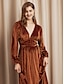 cheap Party Dress-Women&#039;s Velvet Dress Party Dress Cocktail Dress Midi Dress Red Brown Long Sleeve Pure Color Ruched Spring Fall Winter V Neck Fashion Party Mature Winter Dress Christmas Wedding Guest 2023 S M L