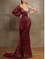 cheap Evening Dresses-Sequin Mermaid / Trumpet Evening Gown Champagne Gold Elegant Dress Formal Red Green Dress Court Train Long Sleeve Illusion Neck Sequined with Pleats 2024