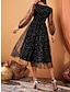 Χαμηλού Κόστους Φορέματα με Παγιέτες (Sequin)-Γυναικεία Μαύρο φόρεμα Φόρεμα για πάρτυ Κοκτέιλ Φόρεμα Δίχτυ Δίχτυ Κουρελού Λαιμόκοψη V Μακρυμάνικο Μίντι φόρεμα Γραφείο Διακοπές Μαύρο Άνοιξη Χειμώνας