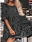 abordables robe soirée-Mini robe Femme robe noire Demi Manches Printemps Automne Hiver - Mode Soirée chaud Paillettes Brillant Lueur Couleur monochrome Col Ras du Cou Noël Anniversaire Vacances Ample 2023 Argent Dorée rose