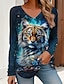 preiswerte T-Shirts für Damen-Damen T Shirt Tier Tiger Täglich Wochenende Bedruckt Blau Langarm Modisch V Ausschnitt Frühling &amp; Herbst