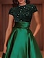 cheap Evening Dresses-A-Line Evening Gown Elegant Dress Red Green Dress Floor Length Short Sleeve High Neck Satin with Sequin 2024