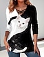 voordelige Dames T-shirts-Dames T-shirt Kat 3D Afdrukken Dagelijks Weekend Modieus Grappig Lange mouw V-hals Wit Lente &amp; Herfst
