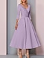 cheap Mother of the Bride Dresses-A-Line Mother of the Bride Dress Wedding Guest Elegant Vintage Plus Size V Neck Tea Length Satin 3/4 Length Sleeve with Pleats 2024