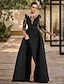 cheap Evening Dresses-A-Line Evening Gown Open Back Dress Formal Wedding Guest Floor Length 3/4 Length Sleeve Scoop Neck Lace with Slit Strappy 2024