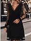 voordelige Feestjurken-Dames Zwarte jurk Feestjurk Pailletten Netstof V-hals Lange mouw Mini-jurk Elegant Glitter Formeel Zwart Lente