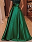 cheap Evening Dresses-A-Line Evening Gown Elegant Dress Red Green Dress Floor Length Short Sleeve High Neck Satin with Sequin 2024