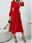 cheap Plain Dresses-Women&#039;s Casual Dress Midi Dress Lace up Pleated Daily Vacation Fashion Streetwear V Neck Long Sleeve Black Red Navy Blue Color