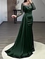 cheap Evening Dresses-Mermaid Dress Evening Gown Red Green Dress Formal Wedding Guest Court Train Long Sleeve Jewel Neck Charmeuse with Ruched Pearls Sequin 2024