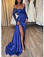 cheap Evening Dresses-Mermaid Black Dress Evening Dress Wedding Guest Sparkle &amp; Shine Dress Formal Wedding Party Court Train Long Sleeve Off Shoulder Fall Wedding Reception Satin with Ruched Sequin Slit 2024