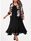 cheap Design Dress Sets-Women&#039;s Plus Size Curve Black Dress Party Dress Two Piece Dress Floral Midi Dress 3/4 Length Sleeve Print Crew Neck Elegant Party Black Fall Winter L XL XXL 3XL 4XL