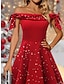Χαμηλού Κόστους Print Φορέματα-Γυναικεία Χειμερινό φόρεμα Φόρεμα σε γραμμή Α Σλιπ Φόρεμα Φιόγκος Ώμοι Έξω Μίντι φόρεμα Βίντατζ Πάρτι Ημερομηνία Κοντομάνικο Φθινόπωρο Χειμώνας