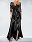 cheap Cocktail Dresses-A-Line Cocktail Dresses Black Dress Dress Wedding Guest Fall Asymmetrical 3/4 Length Sleeve Jewel Neck Satin with Bow(s) Beading Appliques 2024
