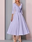 cheap Mother of the Bride Dresses-A-Line Mother of the Bride Dress Wedding Guest Elegant Vintage Plus Size V Neck Tea Length Satin 3/4 Length Sleeve with Pleats 2024