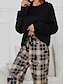 Недорогие Женские пижамы-женские фланелевые пижамные комплекты в сетку/клетку, повседневная комфортная домашняя кровать, полиэстер, дышащий, с круглым вырезом, футболка с длинными рукавами, футболка, брюки, эластичная талия,