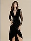 cheap Party Dress-Women&#039;s Velvet Dress Party Dress Lace Dress Midi Dress Black Long Sleeve Pure Color Lace Ruched Patchwork Spring Fall Winter V Neck Fashion Party Modern Winter Dress Christmas Wedding Guest 2023 S M L
