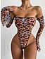 abordables Lingerie sexy-Lingerie une pièce sexy pour femme, épaules dénudées, manches longues, imprimé léopard