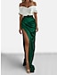 cheap Evening Dresses-Sheath Evening Gown Elegant Dress Formal Sweep / Brush Train Red Green Dress Short Sleeve Off Shoulder Satin with Ruched Slit 2024