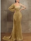 Χαμηλού Κόστους Βραδινά Φορέματα-παγιέτα γοργόνα / βραδινό φόρεμα τρομπέτας σαμπάνια χρυσό κομψό φόρεμα επίσημο κόκκινο πράσινο φόρεμα δικαστήριο τρένο μακρυμάνικο λαιμό ψευδαίσθηση με παγιέτες με πιέτες 2024