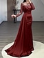 cheap Evening Dresses-Mermaid Dress Evening Gown Red Green Dress Formal Wedding Guest Court Train Long Sleeve Jewel Neck Charmeuse with Ruched Pearls Sequin 2024