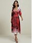 cheap Party Dresses-Women&#039;s Party Dress Cocktail Dress Wedding Guest Dress Polyester Pocket Print Deep V 3/4 Length Sleeve Ombre Midi Dress Christmas Wedding Guest Wine Rusty Red Spring Fall