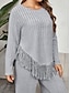 preiswerte Basic-Damenoberteile-Hemd Hosen-Sets Damen Grau Feste Farbe Quaste Casual Modisch Rundhalsausschnitt Regular Fit XL
