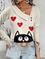 cheap Women&#039;s Blouses &amp; Shirts-Women&#039;s Shirt Blouse Heart Cat Casual Going out Button Print Red Long Sleeve Fashion V Neck Spring &amp;  Fall