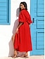 economico vestito casual-camicia da donna in cotone e lino maxi abito rosso casual con colletto abbottonato vestibilità ampia maniche a sbuffo con cintura