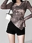 olcso Női pólók-Női Póló Batikolt Hétköznapi Napi Divat Modern Hosszú ujj V-alakú Barna Tavasz &amp; Ősz