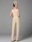 cheap Mother of the Bride Pantsuits-Jumpsuit / Pantsuit 3 Piece Mother of the Bride Dress Formal Wedding Guest Elegant Plus Size Wrap Included Bateau Neck Floor Length Chiffon Long Sleeve Wrap Included with Beading 2024