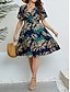cheap Plus Size Casual Dresses-Women&#039;s Plus Size Curve Casual Dress A Line Dress Leaf Midi Dress Short Sleeve Print V Neck Fashion Daily Blue Summer XL 2XL 3XL 4XL