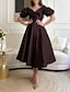 cheap Cocktail Dresses-A-Line Cocktail Dresses Elegant Dress Formal Prom Tea Length Short Sleeve Sweetheart Satin with Ruched 2024