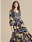 cheap Print Casual Dress-Floral Print V Neck Swing Midi Dress