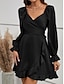 olcso Buliruhák-Női Fekete ruha Party ruha Koktélruha Fodrozott V-alakú Hosszú ujj Mini ruha Vakáció Elegáns Fekete Nyár Tavasz
