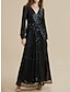 cheap Party Dress-Women&#039;s Black Dress Sequin Dress Party Dress Long Dress Maxi Dress Black Long Sleeve Plain Pure Color Sequins Glitter Sparkly Spring Fall Winter Surplice Neck V Neck Fashion Party Formal Christmas