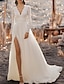 baratos Vestidos de Casamento-Praia Boho Vestidos de noiva Linha A Decote V Manga Longa Cauda Corte Renda Vestidos de noiva Com Fenda Frontal 2024