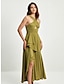 זול שמלת מסיבה-שמלת קוקטייל מקסי לנשים בצבע סאטן ירוק צווארון גב שסע קדמי חתוך סלסול א-סימטרי