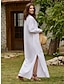 Χαμηλού Κόστους Βαμβακερά &amp; Λινά Φορέματα-Γυναικεία Λευκό φόρεμα Μακρύ Φόρεμα Μάξι Φόρεμα Κουμπί Σκίσιμο Ημερομηνία Κομψό στυλ street Μάξι Στρογγυλή Ψηλή Λαιμόκοψη Μακρυμάνικο Λευκό Χρώμα
