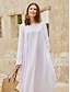 Χαμηλού Κόστους απλά φορέματα-Γυναικεία Λευκό φόρεμα Μακρύ Φόρεμα Μάξι Φόρεμα Λινό Τσέπη Διακοπές Παραλία Μάξι Βασικό Στρογγυλή Ψηλή Λαιμόκοψη Μακρυμάνικο Λευκό Χρώμα