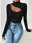 preiswerte Basic-Damenoberteile-T Shirt Damen Schwarz Beige Glatt Ausgeschnitten Täglich Modisch Stehkragen Schlank S