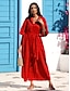 رخيصةأون فستان كاجوال-فستان نسائي طويل من القطن والكتان باللون الأحمر كاجوال بياقة وأزرار سفلية وأكمام منتفخة وحزام